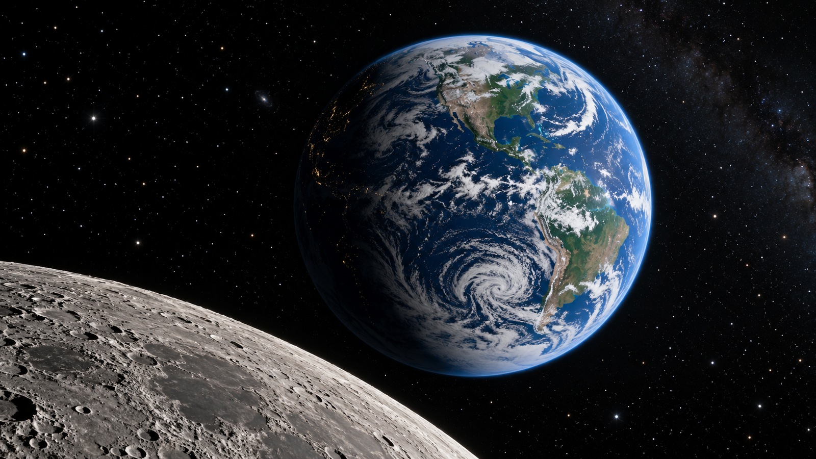 Earth's illuminated oceans and clouds seen above a partial lunar foreground against a sparse star field.
