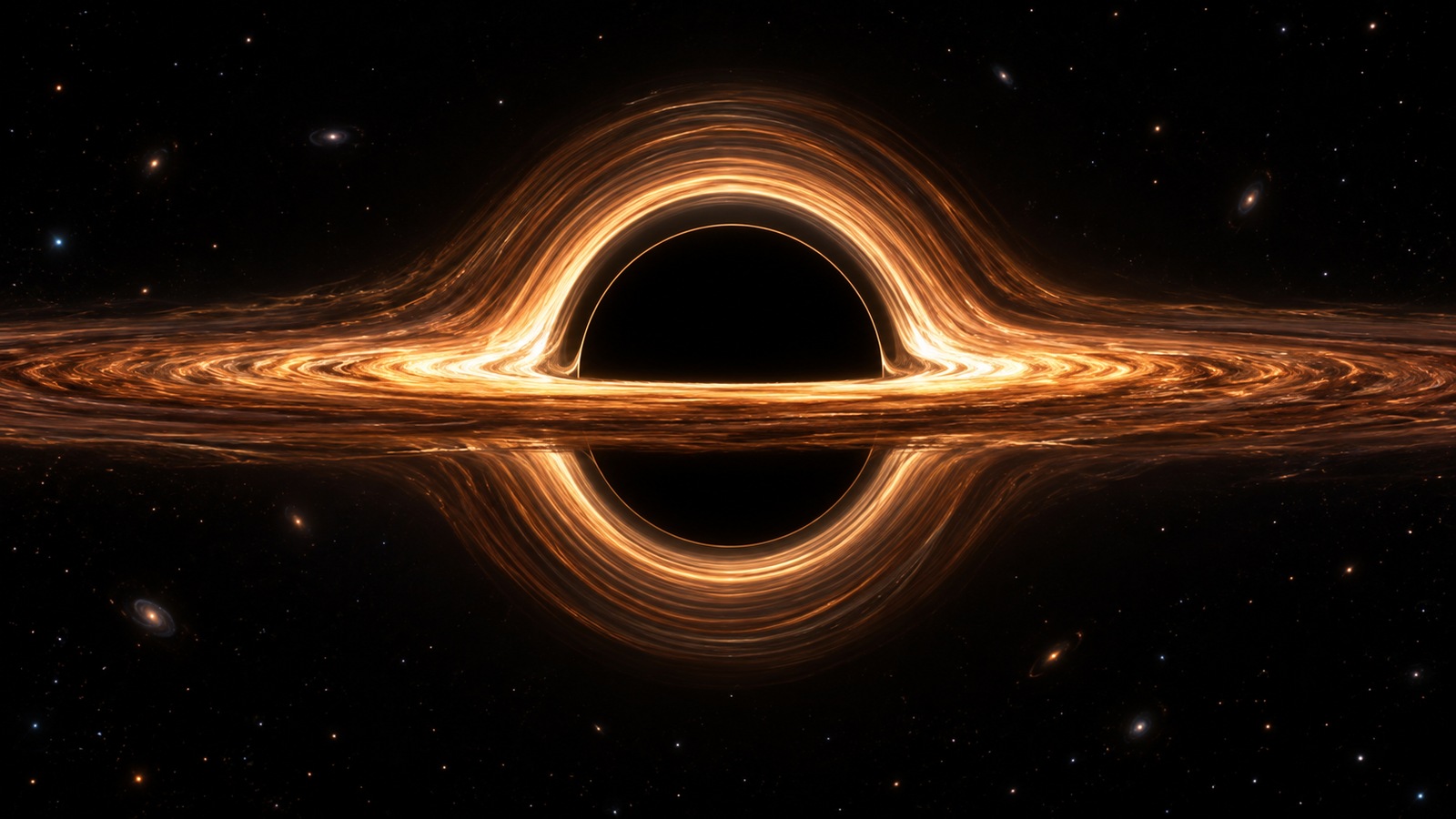 Scientific illustration of a black hole with a thin luminous disk distorted above and below its dark central silhouette.