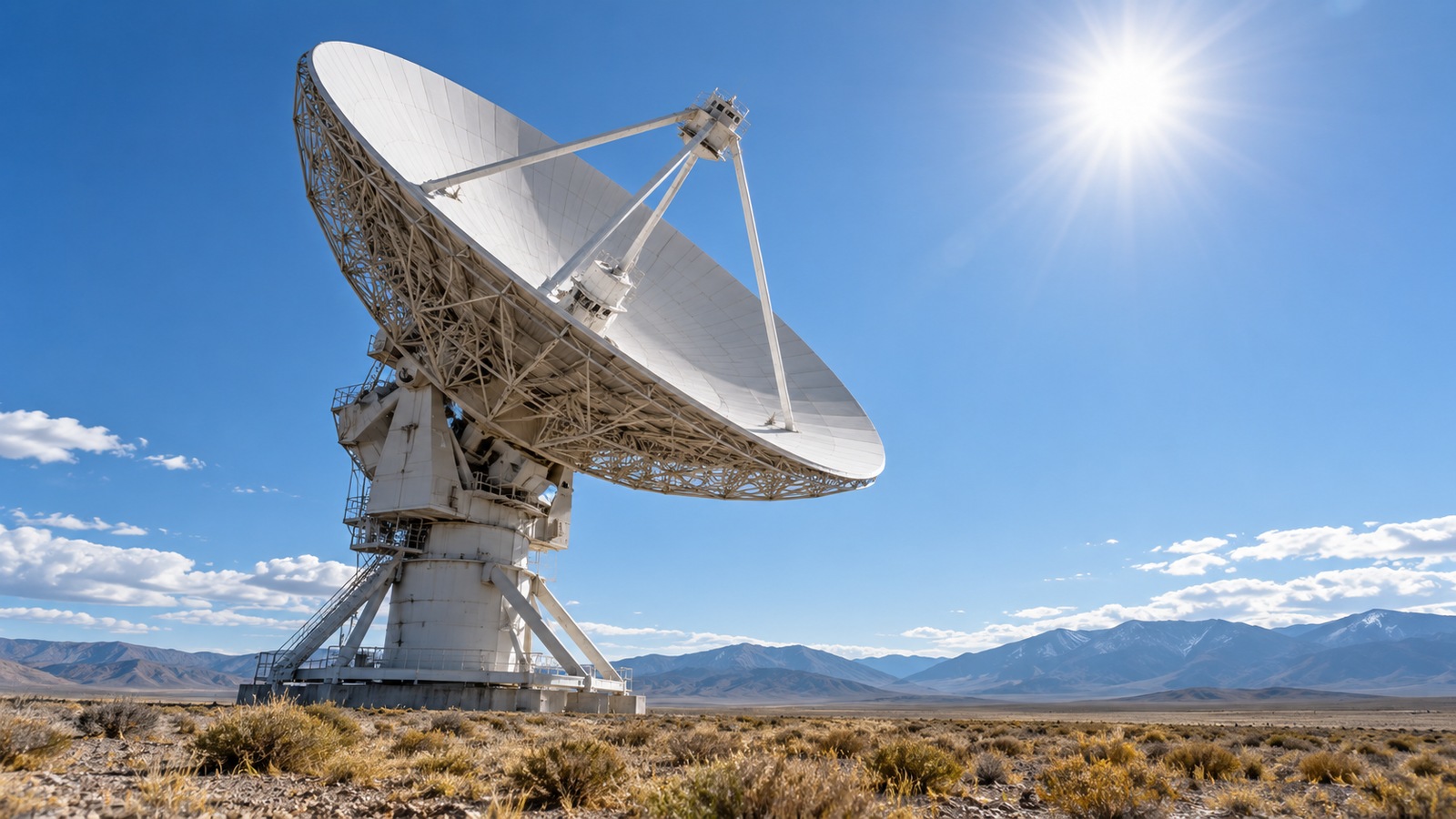 Large radio telescope dish beneath a bright daytime Sun in an open dry landscape.