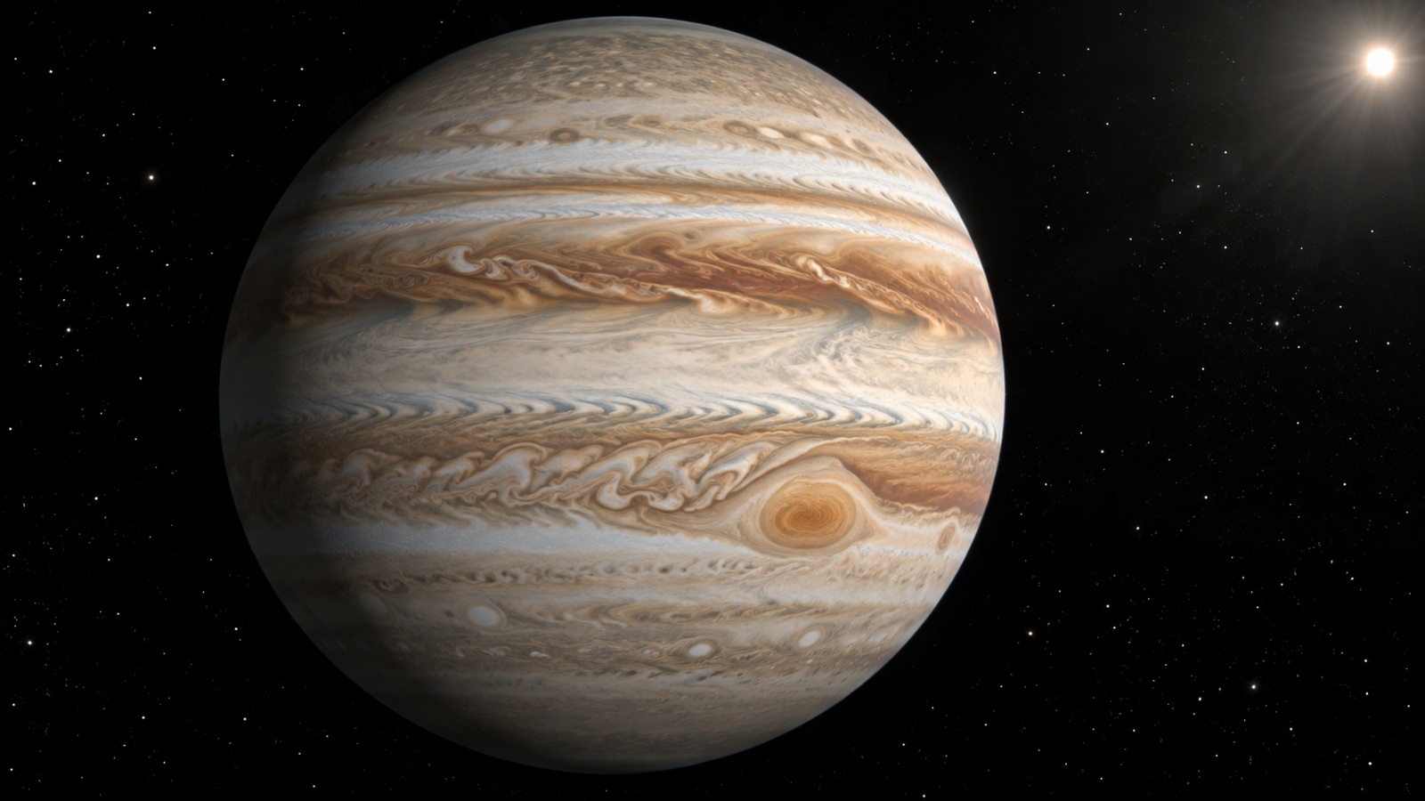 Jupiter's cream and rust-colored cloud bands illuminated by a small distant Sun.