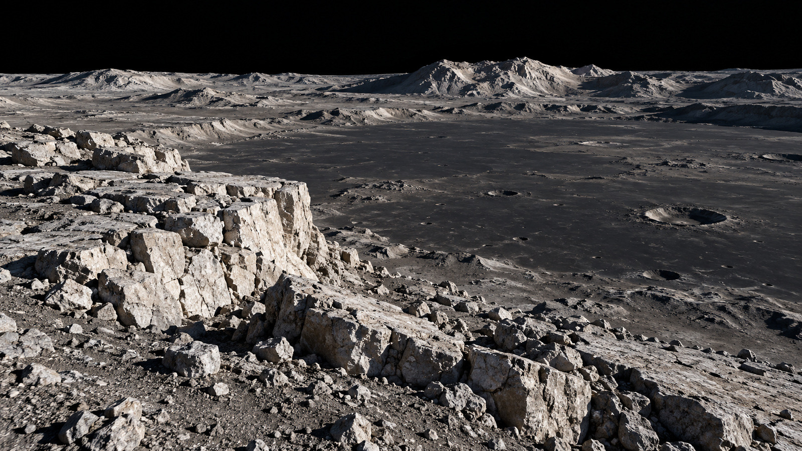 Fractured pale rock along a lunar crater rim overlooking a dark basalt plain under low-angle sunlight.