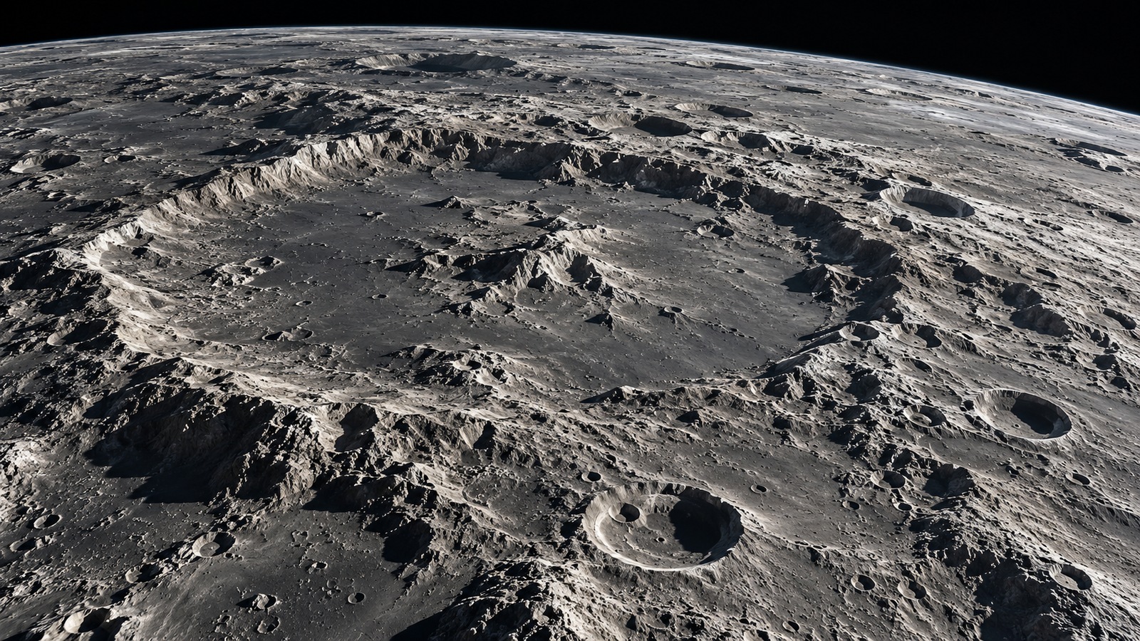 Worn lunar craters and rugged highlands illuminated by oblique sunlight along a curved horizon.