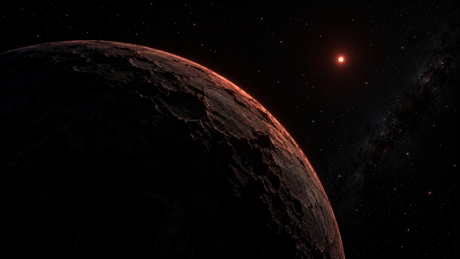 Artist's impression of a rocky world beneath the dim red light of Proxima Centauri, with its surface conditions deliberately unspecified