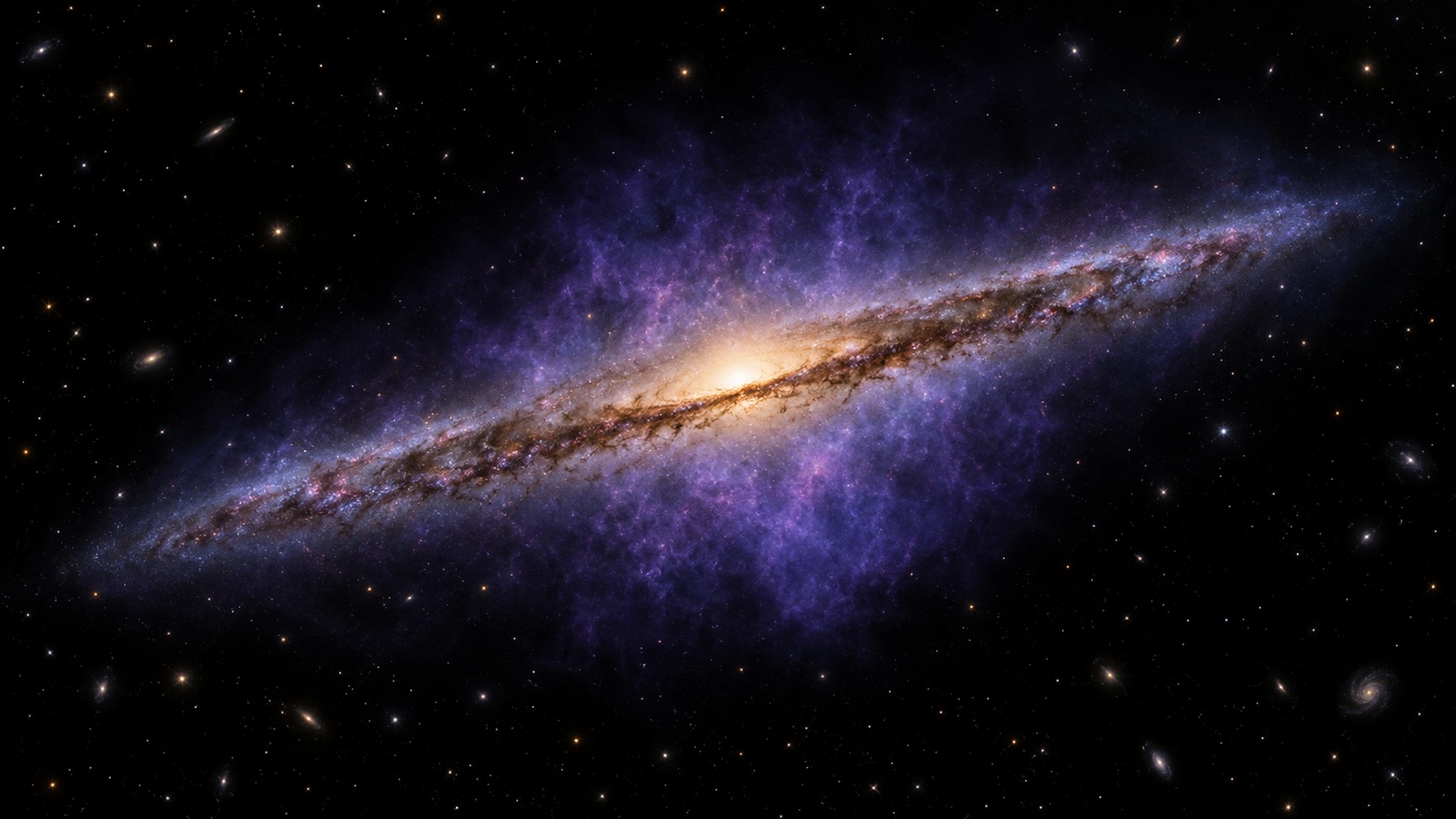 Artist's view of an edge-on spiral galaxy surrounded above and below its dusty disk by a faint violet-blue radio-emitting envelope.