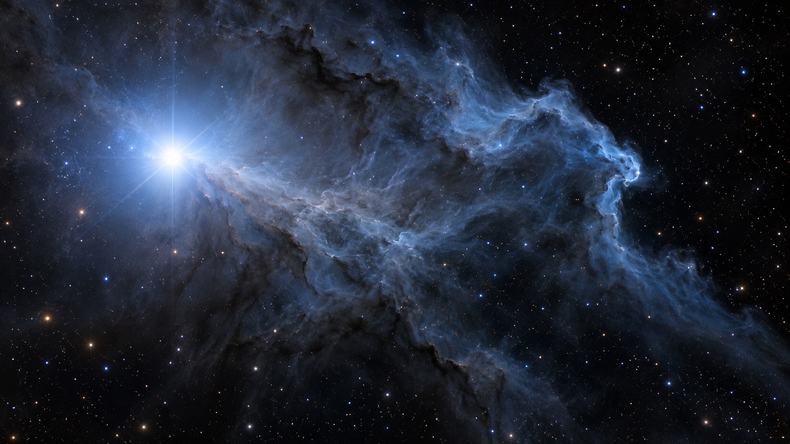 Editorial astronomical illustration of brilliant blue-white Rigel illuminating faint blue reflection dust in a dark star field.