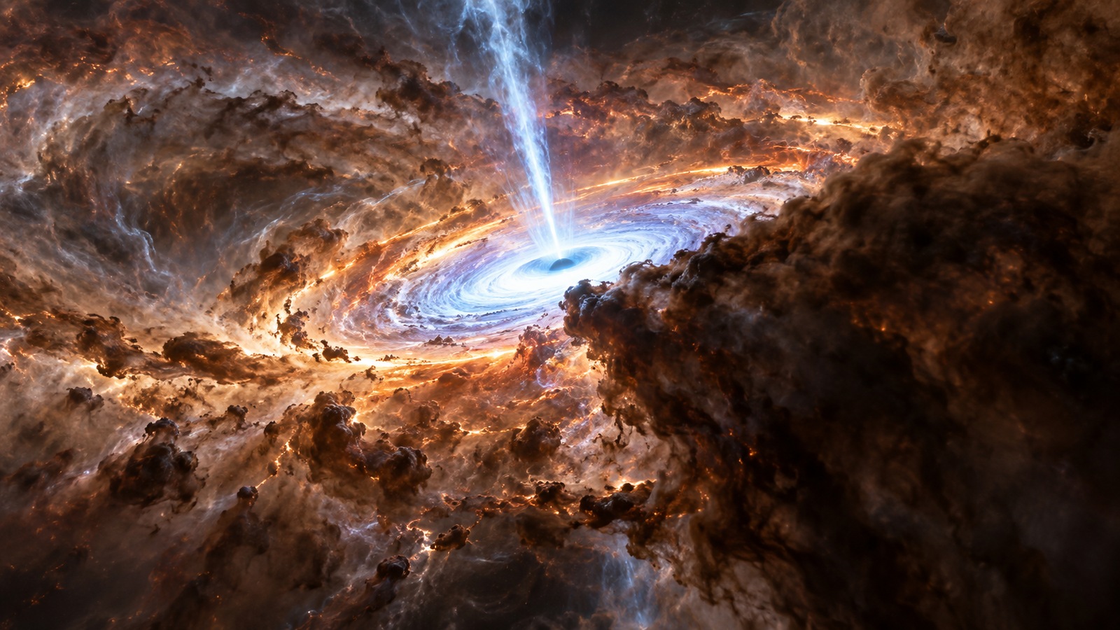 Scientific editorial illustration of dusty inflowing gas around a compact luminous accretion disk and short polar jet.