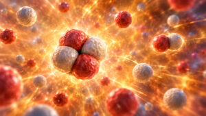 Explanatory microscopic artist depiction of a four-nucleon helium nucleus and smaller nuclear ingredients in hot primordial plasma.