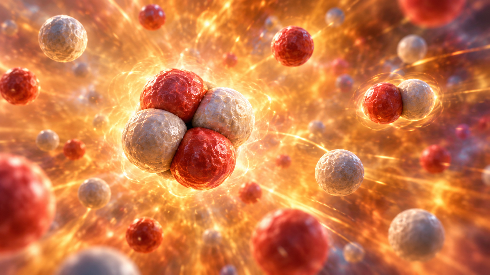 Explanatory microscopic artist depiction of a four-nucleon helium nucleus and smaller nuclear ingredients in hot primordial plasma.