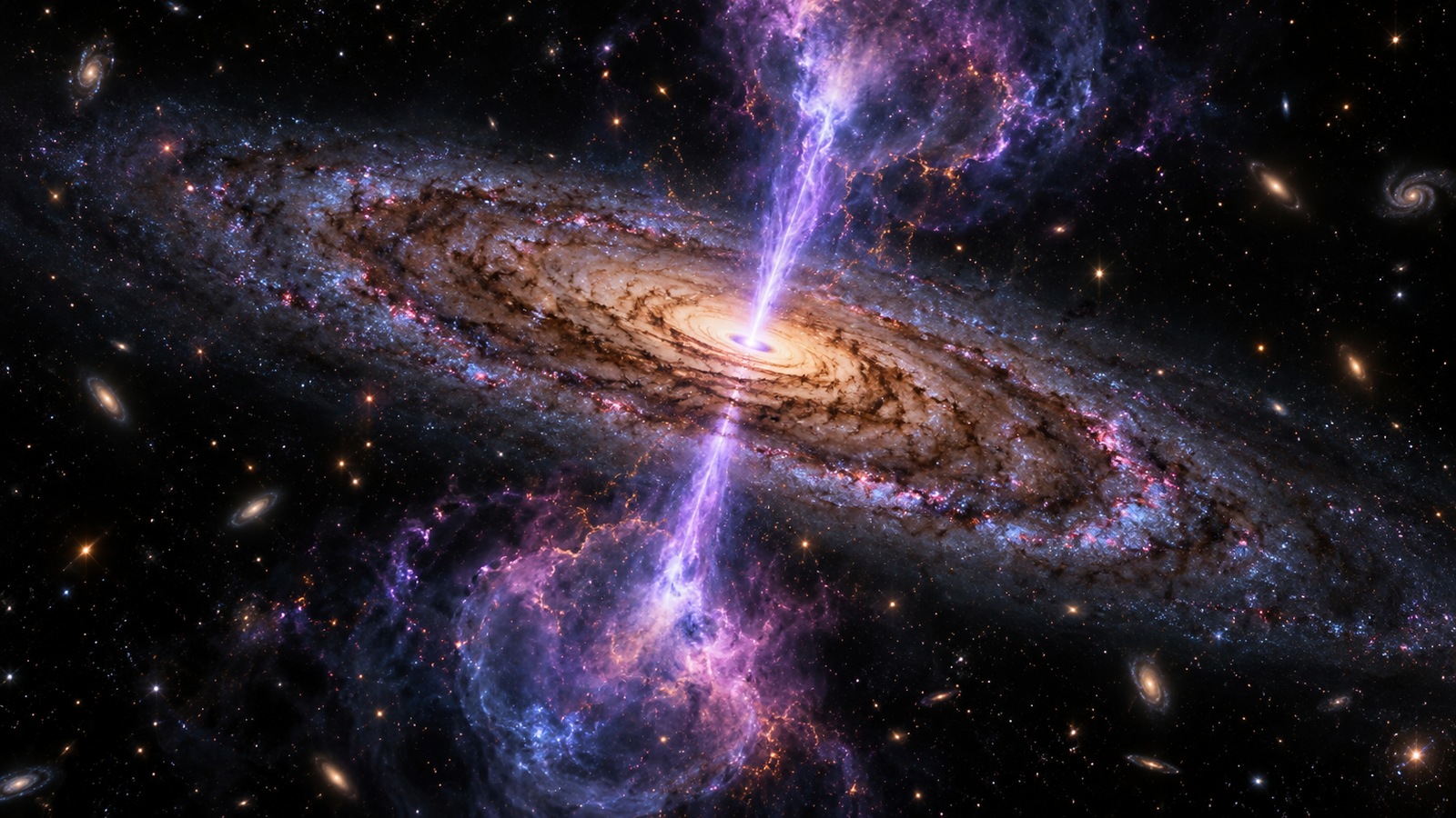 Editorial illustration of a galaxy with a compact luminous nucleus and narrow jets interacting with surrounding gas