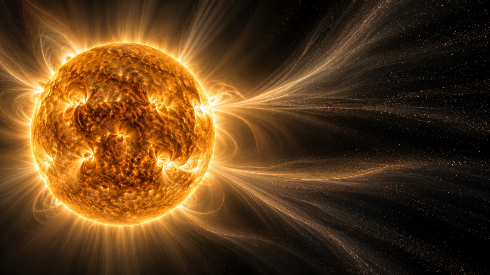 Scientific editorial illustration of fine particle traces streaming outward from the Sun's structured corona.