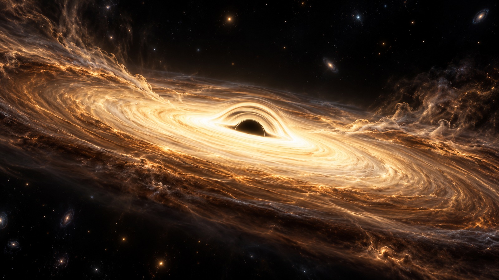Scientific editorial illustration of a luminous quasar accretion disk around a dark central black hole.