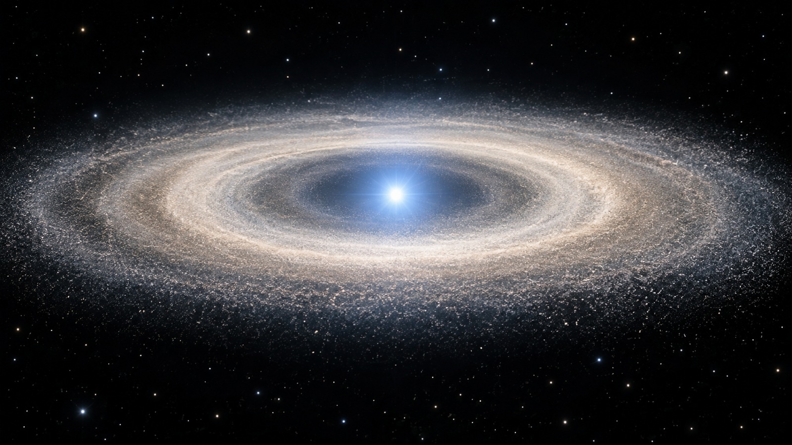 Editorial illustration of blue-white Vega surrounded by a broad dusty debris disk viewed from above.