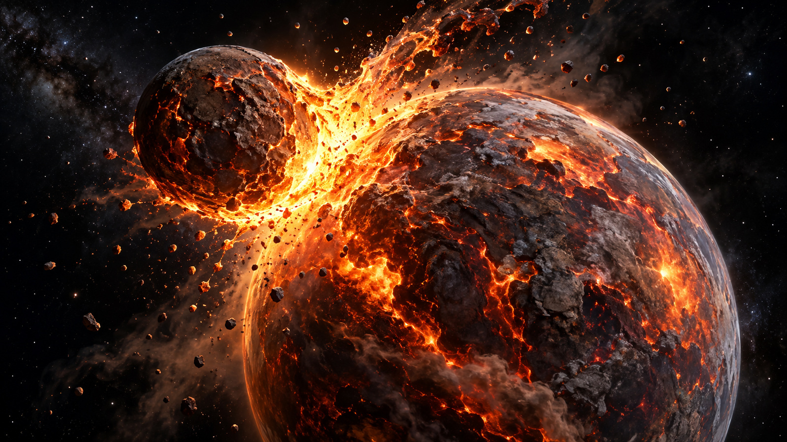 Scientific illustration of a rocky protoplanet striking young Earth obliquely and launching a plume of molten material.