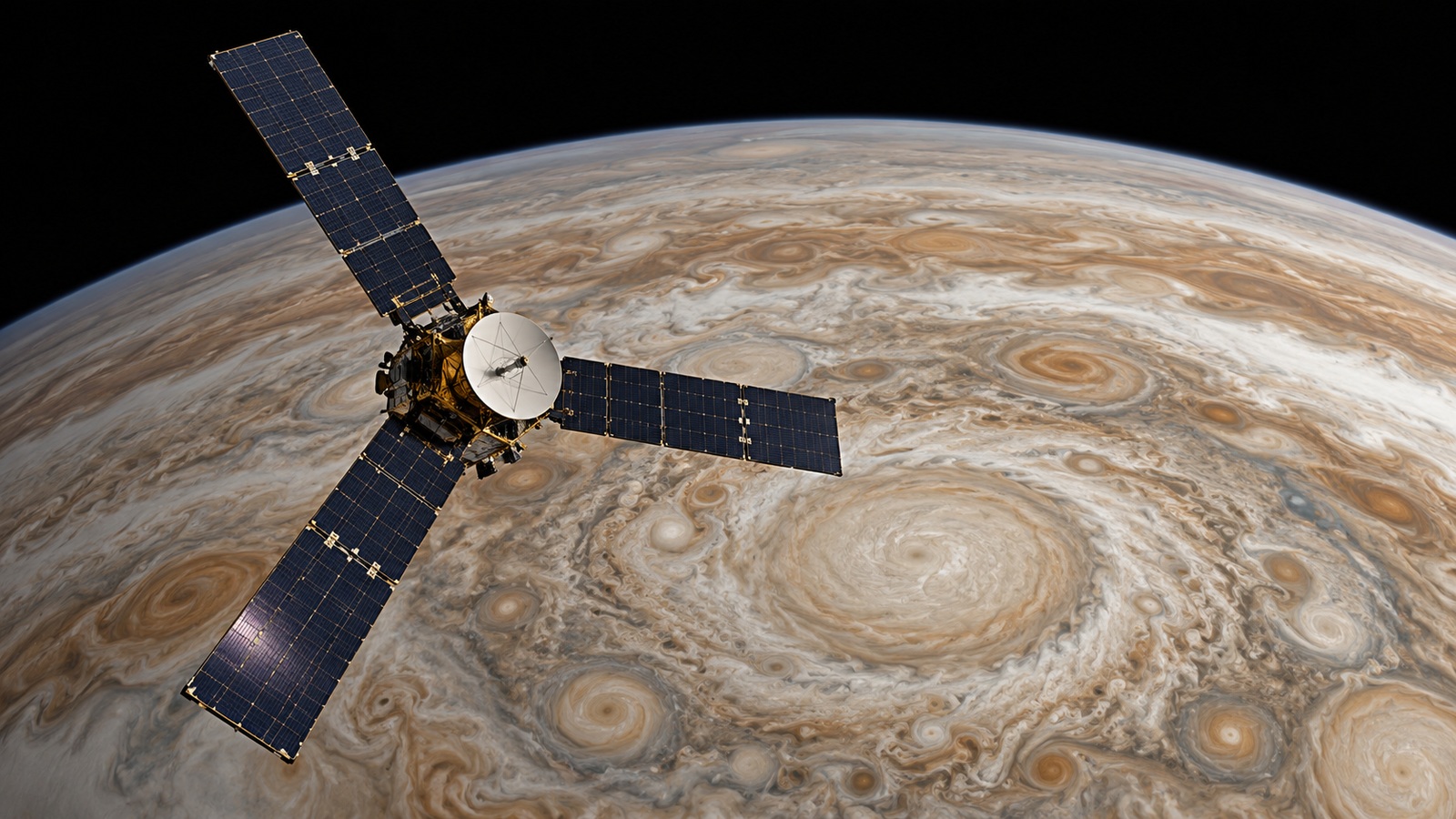 A three-panel solar-powered spacecraft above Jupiter's swirling polar cloud systems.