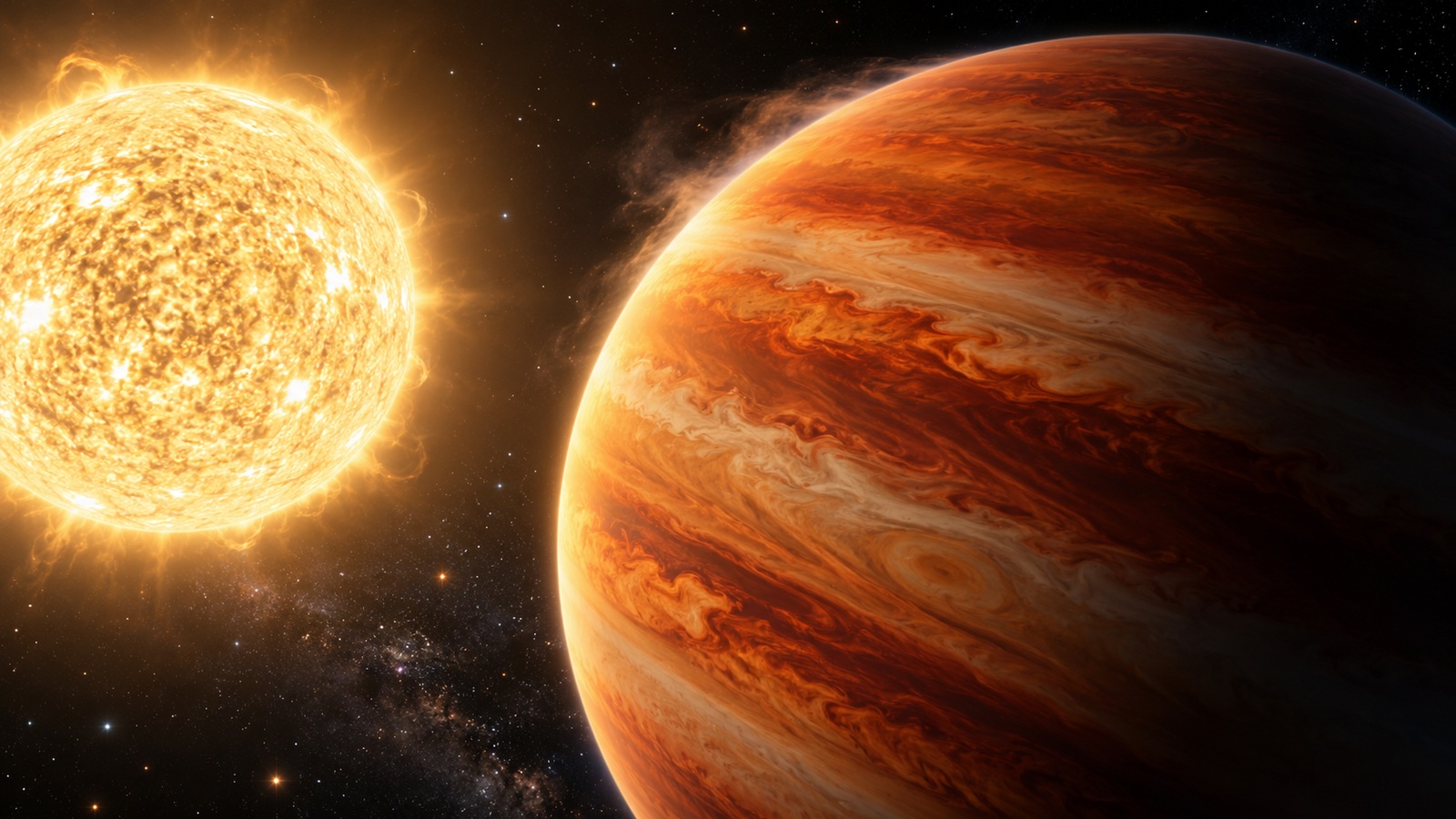 Artist's illustration of a copper-orange banded gas giant strongly illuminated by a nearby golden star, with turbulent clouds and a faint atmospheric wisp.