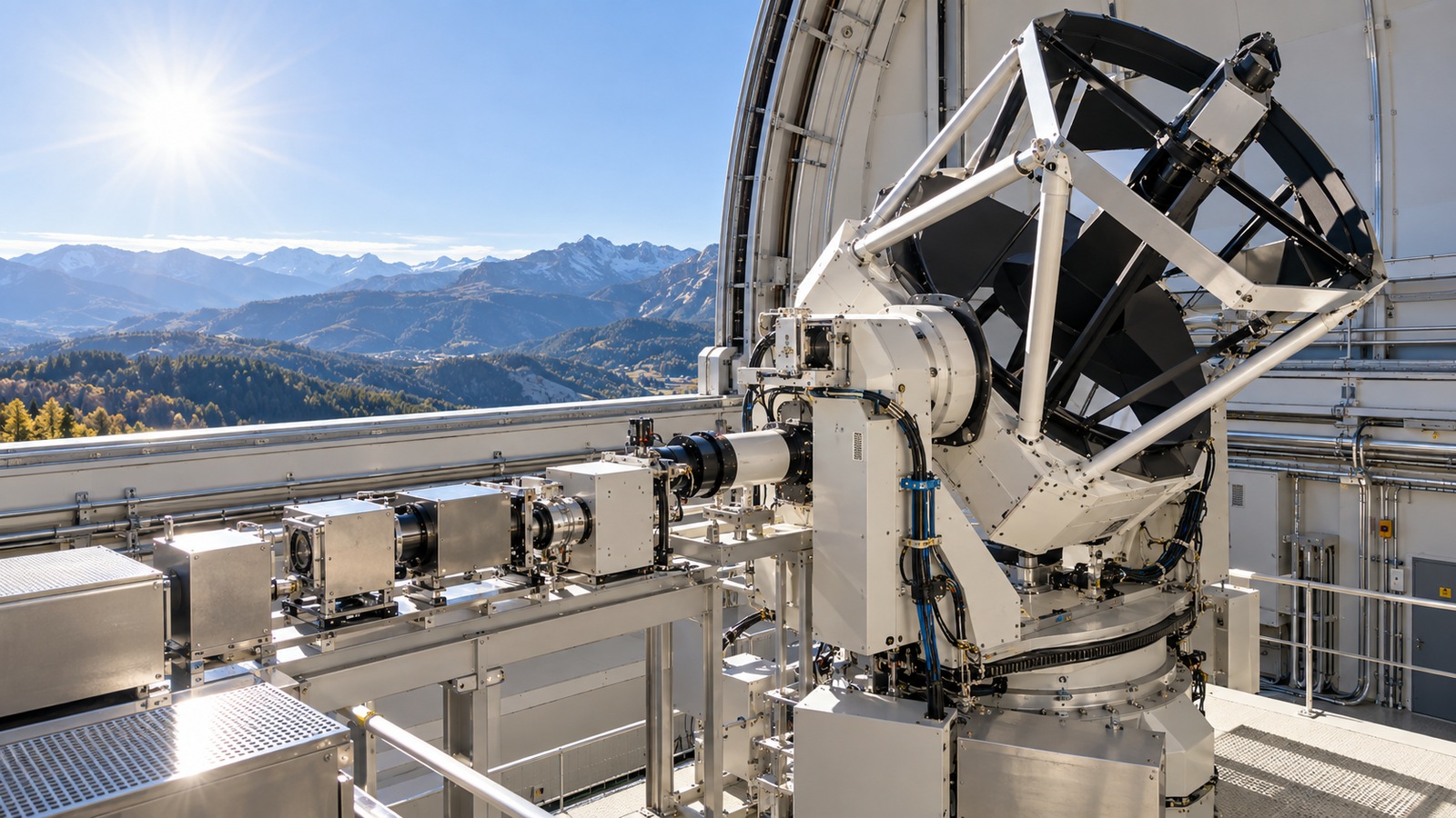 Unbranded professional solar telescope assembly inside a daylight observatory enclosure with remote scientific instrumentation.