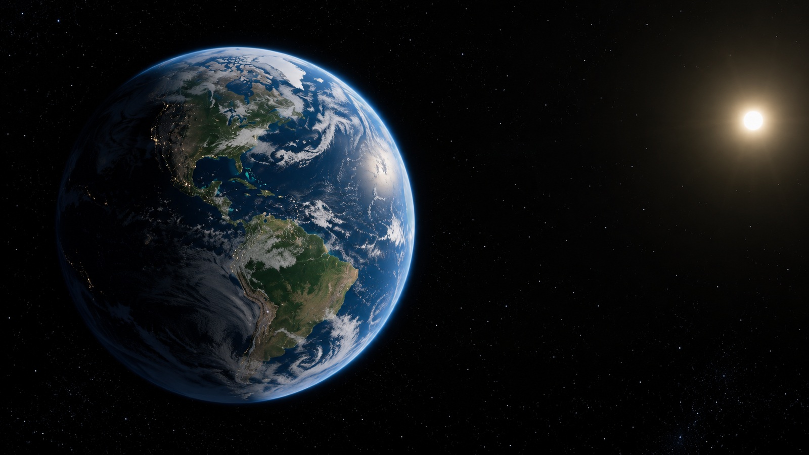 Earth's blue oceans and white clouds illuminated by a distant Sun against dark space.