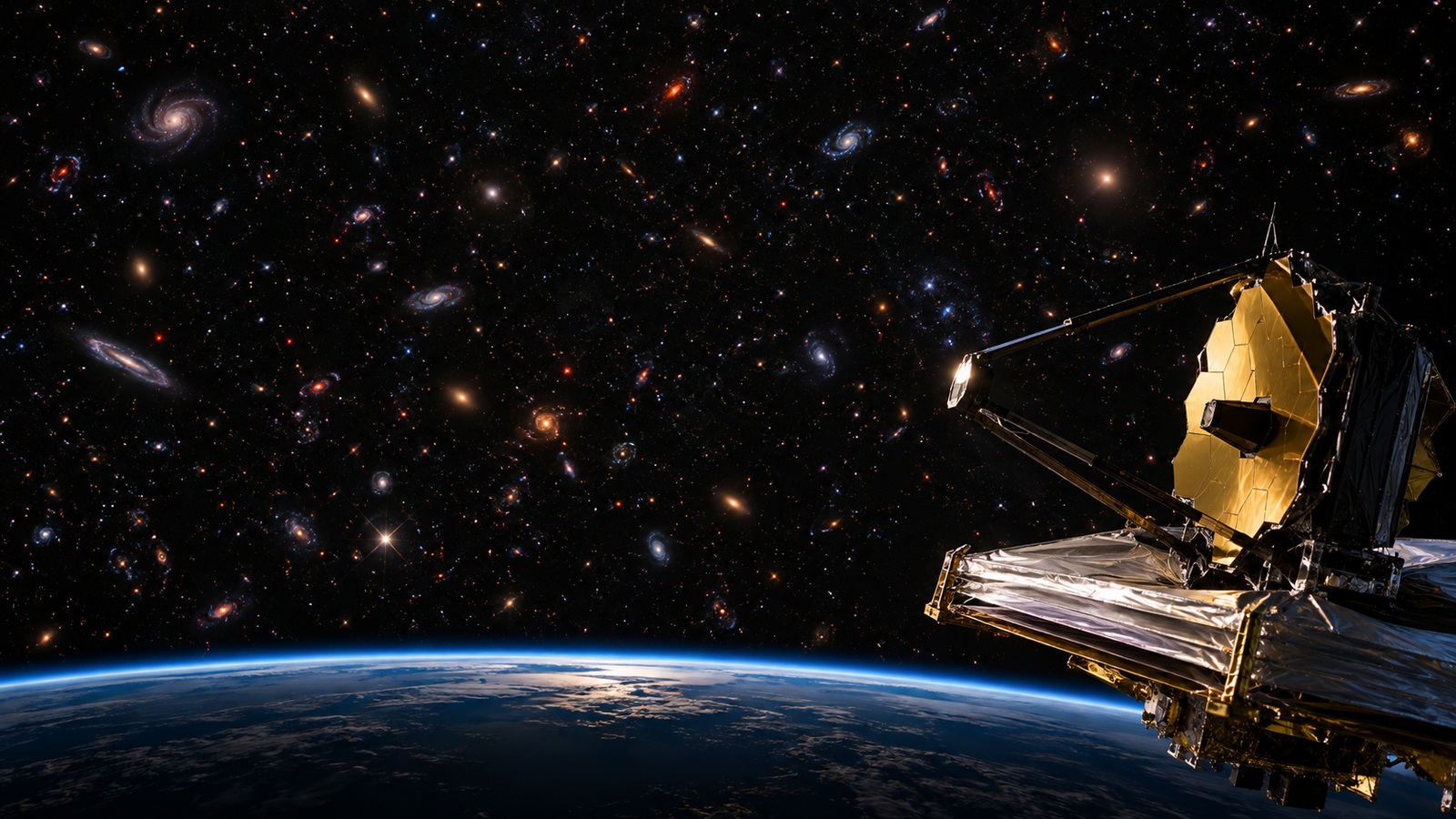 Unbranded space telescope above a shadowed blue Earth limb looking toward a faint field of distant red and blue galaxies.
