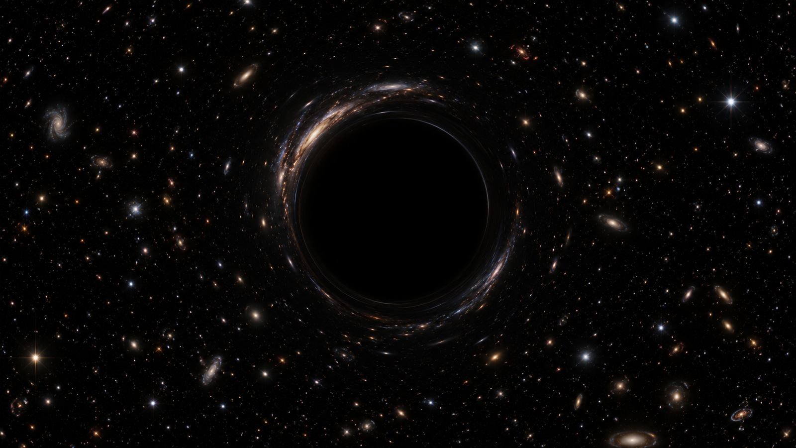 Editorial illustration of external stellar light bending around a dark black-hole shadow without depicting its interior.