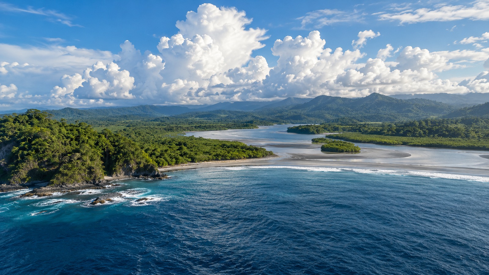 Ocean water meets a forested coastal wetland beneath tall white clouds in humid daylight.