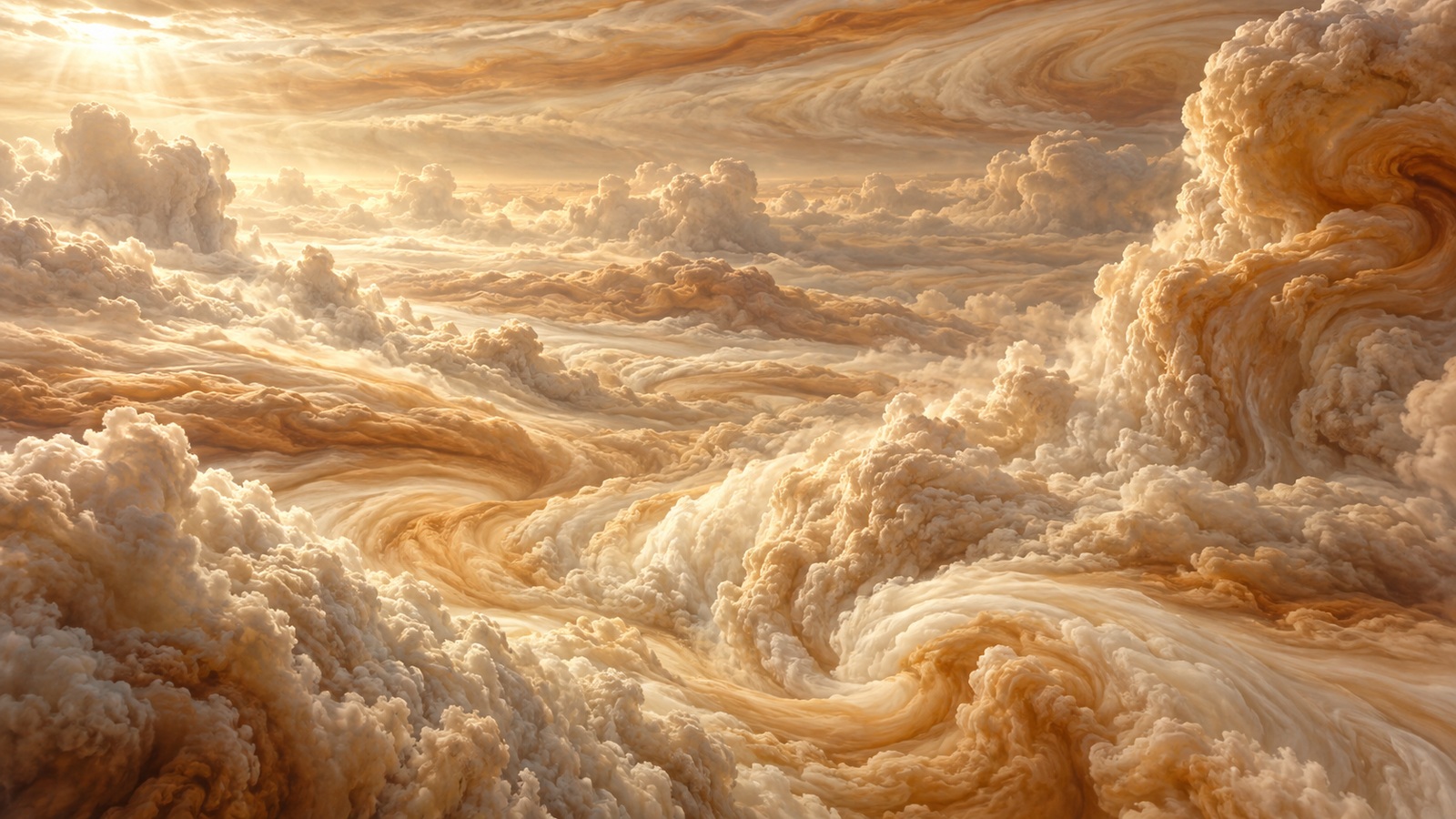 Towering cream and ochre Jovian clouds seen from within the upper atmosphere, with no solid ground.