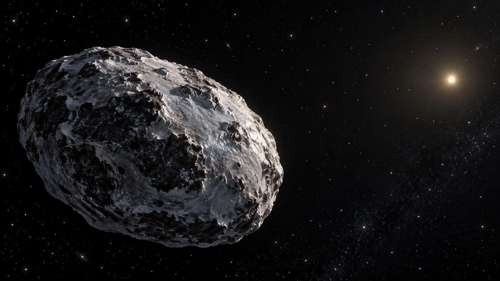 Artist's impression of a cold irregular icy body in the outer solar system with the distant Sun appearing small