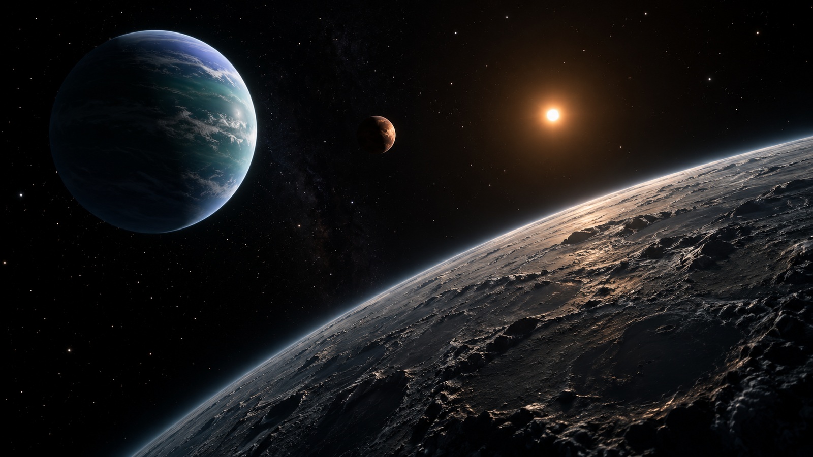 Artist's illustration showing a slate rocky planet in the foreground, a blue-green sub-Neptune, and a smaller copper world orbiting a distant orange star.