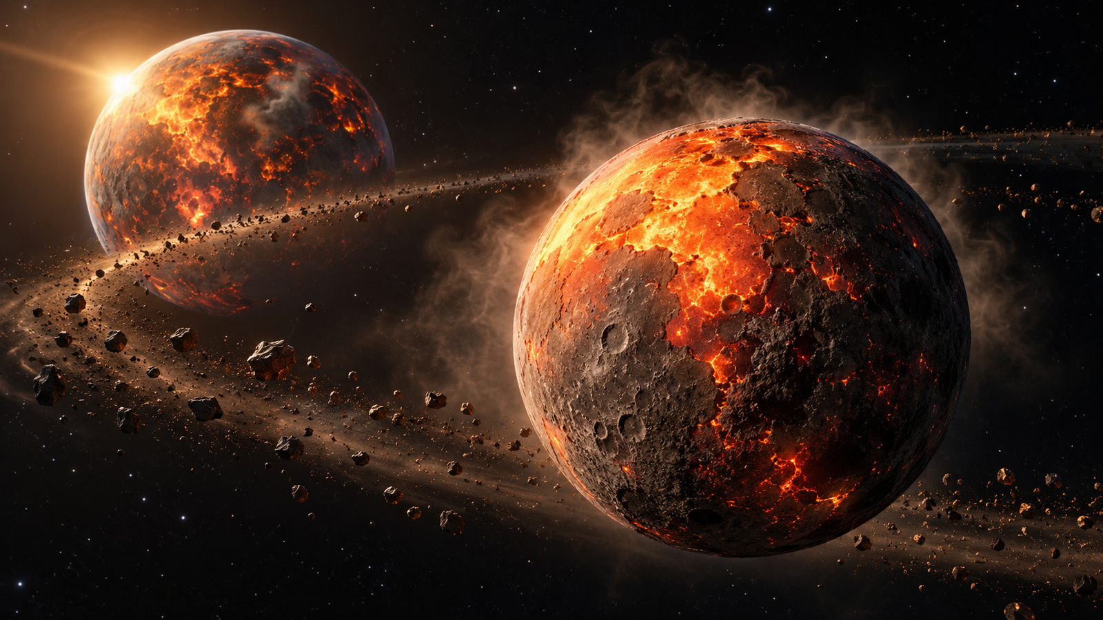 Scientific artist impression of a newly assembled molten Moon with cooling crust and sparse debris near a distant hot early Earth.