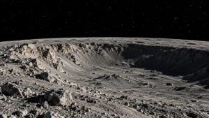 Artist impression of a rugged lunar crater beneath a star-filled sky, using the visible horizon as an analogy for a limit of sight rather than an edge of space.