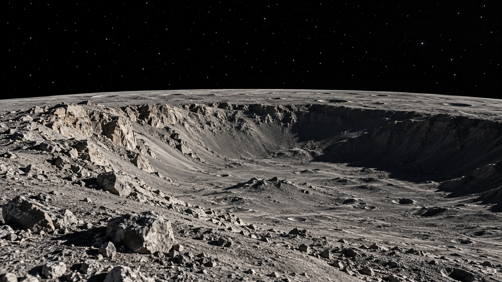 Artist impression of a rugged lunar crater beneath a star-filled sky, using the visible horizon as an analogy for a limit of sight rather than an edge of space.